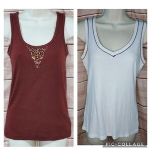 Eddie Bauer lot of 2 tank tops beaded scoop neck redwood brown vneck white blk S